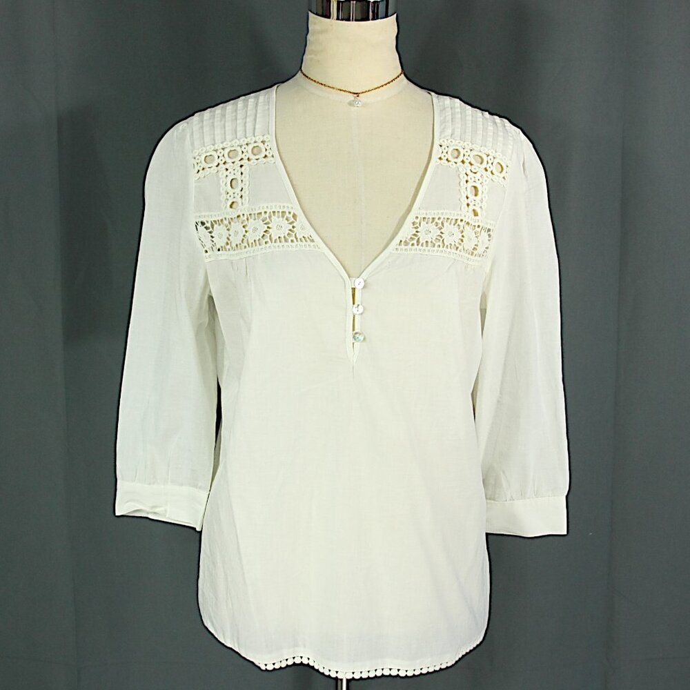 American Rag Cie Floral Crochet Trim V Neck Half Sleeve Cotton Top Tunic Boho M
